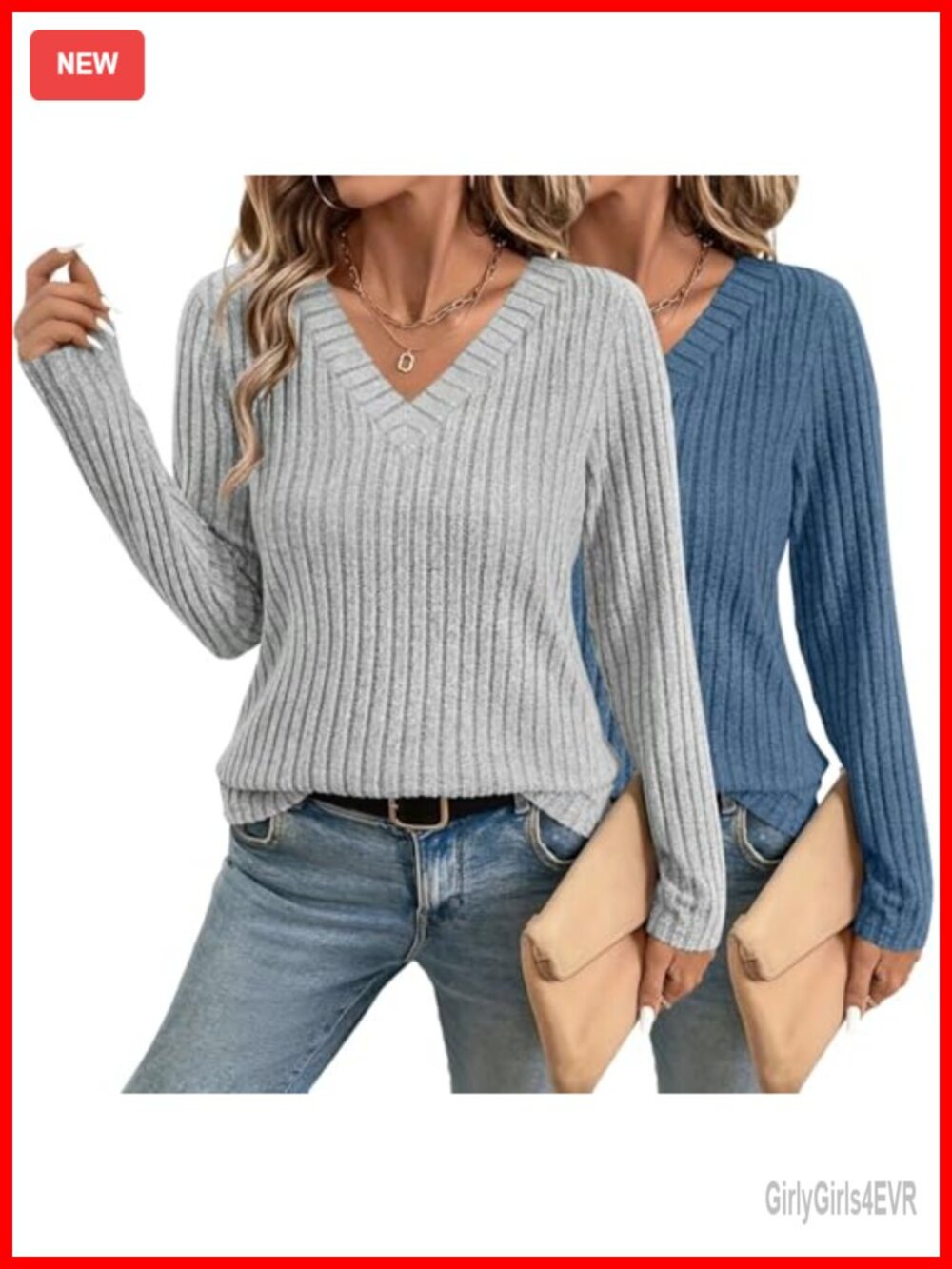 Long Sleeve V Neck Sweater Ribbed Knit Tunic Top Loose Fit